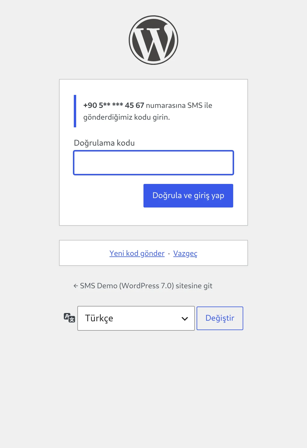 Giriş sırasında SMS doğrulama ekranı