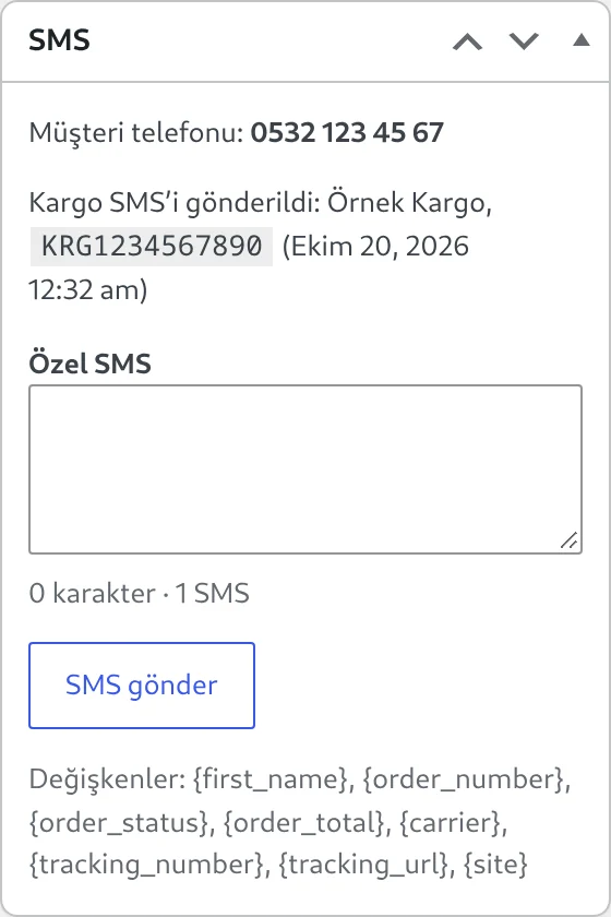 Sipariş ekranındaki SMS kutusu