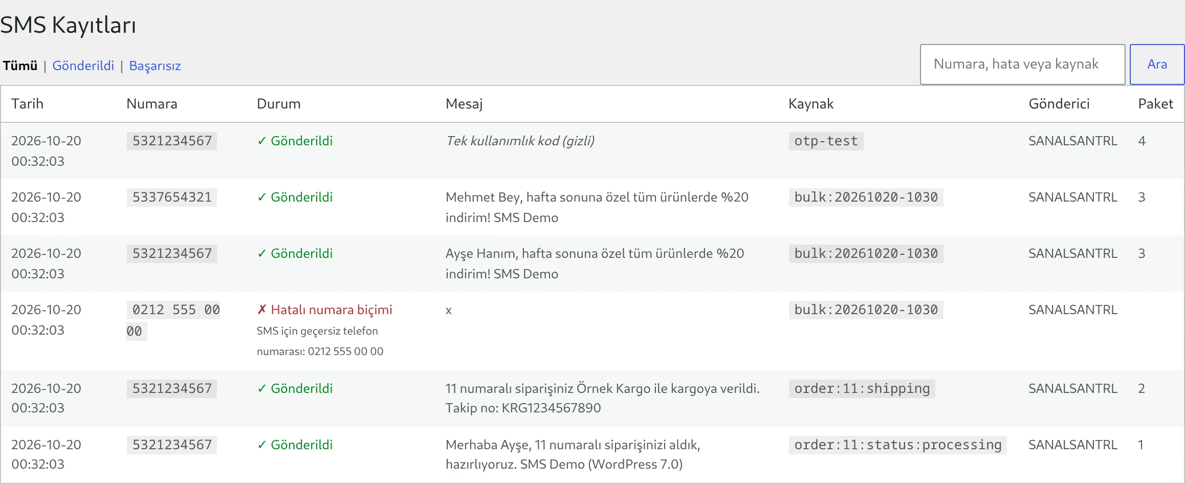 SMS kayıtları
